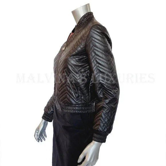 GUCCI JACKET QUILTED BLACK LEATHER BOMBER TIGER CHARM PULL sz IT 38 US 2 - Picture 7 of 15